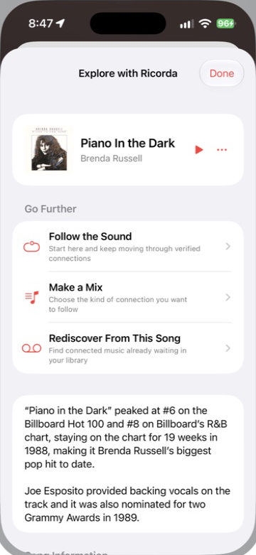 Explore with Ricorda showing Piano in the Dark, its description, and discovery actions from Apple Music