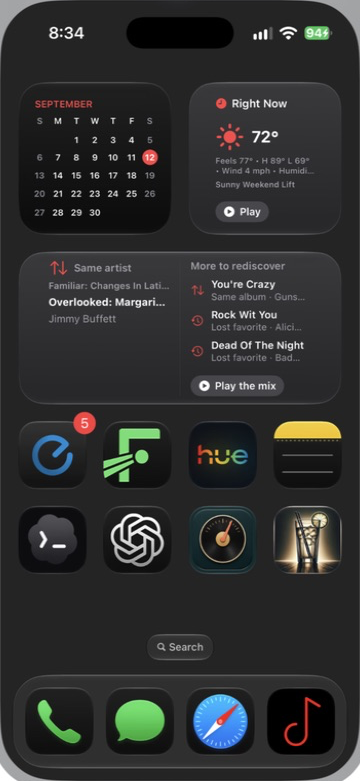 Medium Rediscover and small Right Now widgets with playable music selections